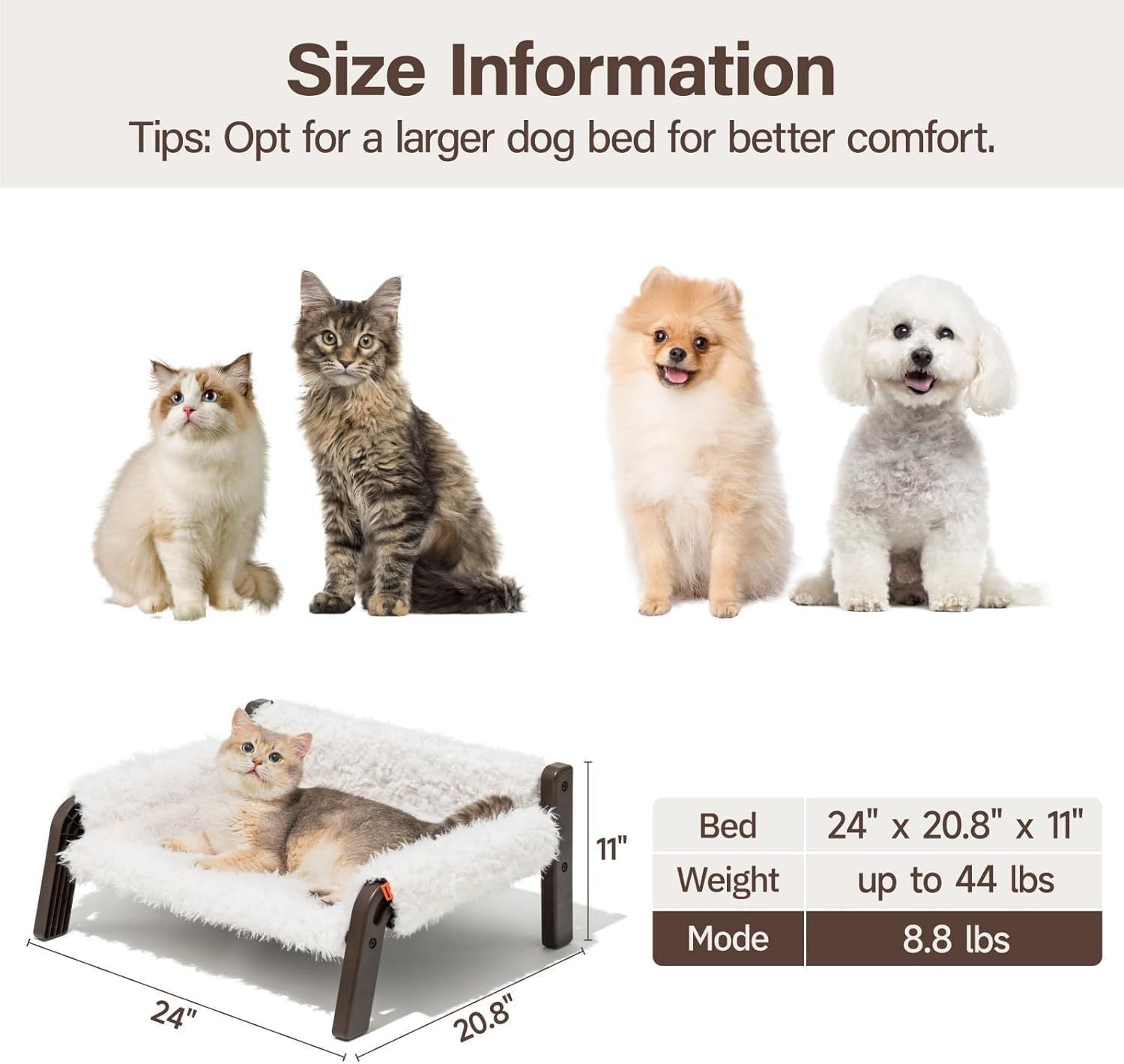 Raised Cat Bed For Indoor Cats - Elevated Plush Pet Sofa With Non-Slip Bottom, Supports 44 Lbs, Washable Small Dog Bed For Kittens & Puppies Beige Brown