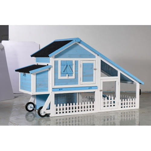 76 Wooden Rabbit Hutch Bunny Cage With Waterproof Asphalt Roof, Fun Outdoor Run, Removable Tray And Ramp, Light Blue