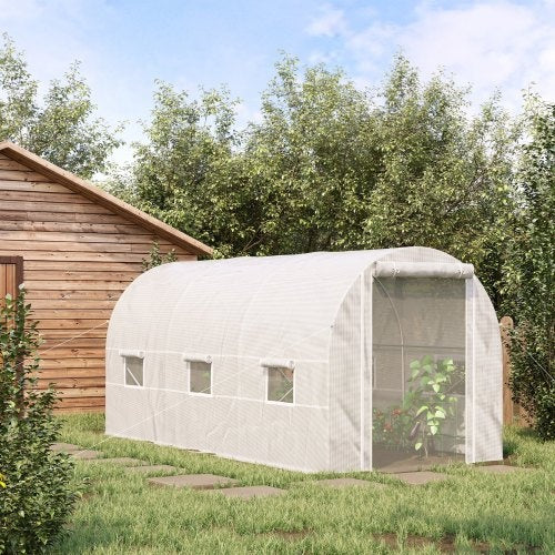Outsunny 15 X 7 X 7 Walk-In Tunnel Greenhouse, Large Garden Hot House Kit With 6 Roll-up Windows & Roll Up Door, Steel Frame, White