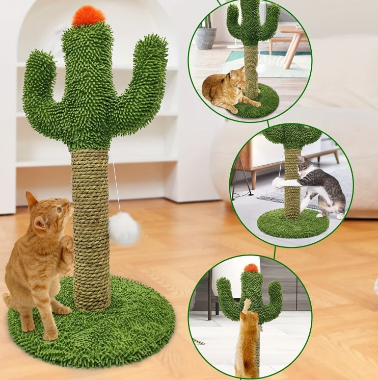 Cactus Cat Climbing Tree 2-in-1 - Solid Wood Base Natural Sisal Scratching Pillar With Hanging Ball Toy, Indoor Cat Multi-level Activity Center