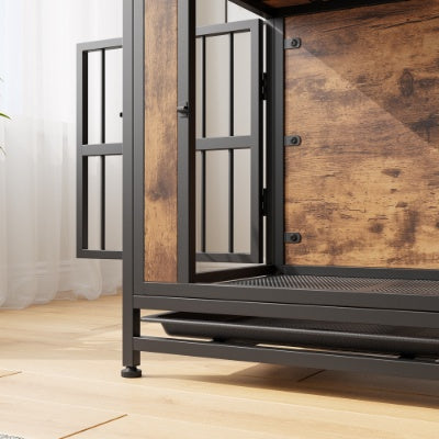 Dog Crate Furniture  Wooden Dog Crate Table 32.8 Dog Kennel With 2 Sliding Doors And Thick Iron Door Frame  Decorative Pet Crate House For Medium Small Dog Indoor Use Rustic Brown