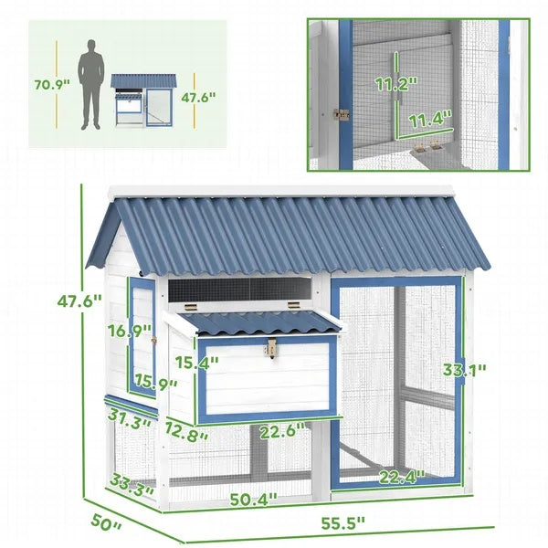 55.5 Inch Wooden Chicken Coop With Run Box, Nesting Box, Removable Tray, Ramp, Outdoor  For 2-3 Chickens, White