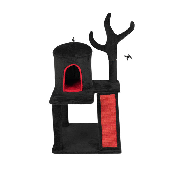 Gothic Cat Tree, Halloween Cat Tower Cat Tree With Spacious Cat Condo, Brach Shaped Scratching Post, Scratching Ladder, Spider Toy For Indoor Cats, Red & Black