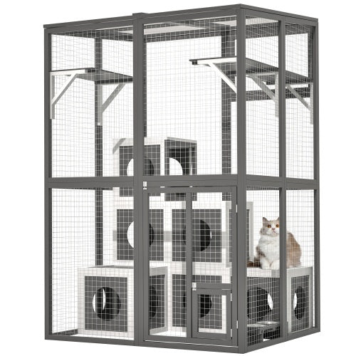 Outdoor Wooden Cat Catio - Large Solid Wood Cat Cage Playpen With 2 Jumping Platforms  7 Napping Houses, Walk-in Cat Kennel Condo Shelter, Grey