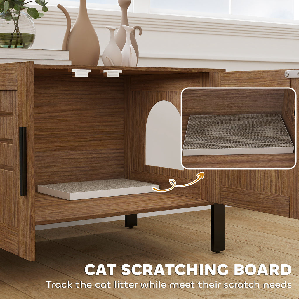 Cat Litter Box Enclosure With Tall Legs, Scratching Board, Dark Brown, 31.5L X 17.7W X 19.7H