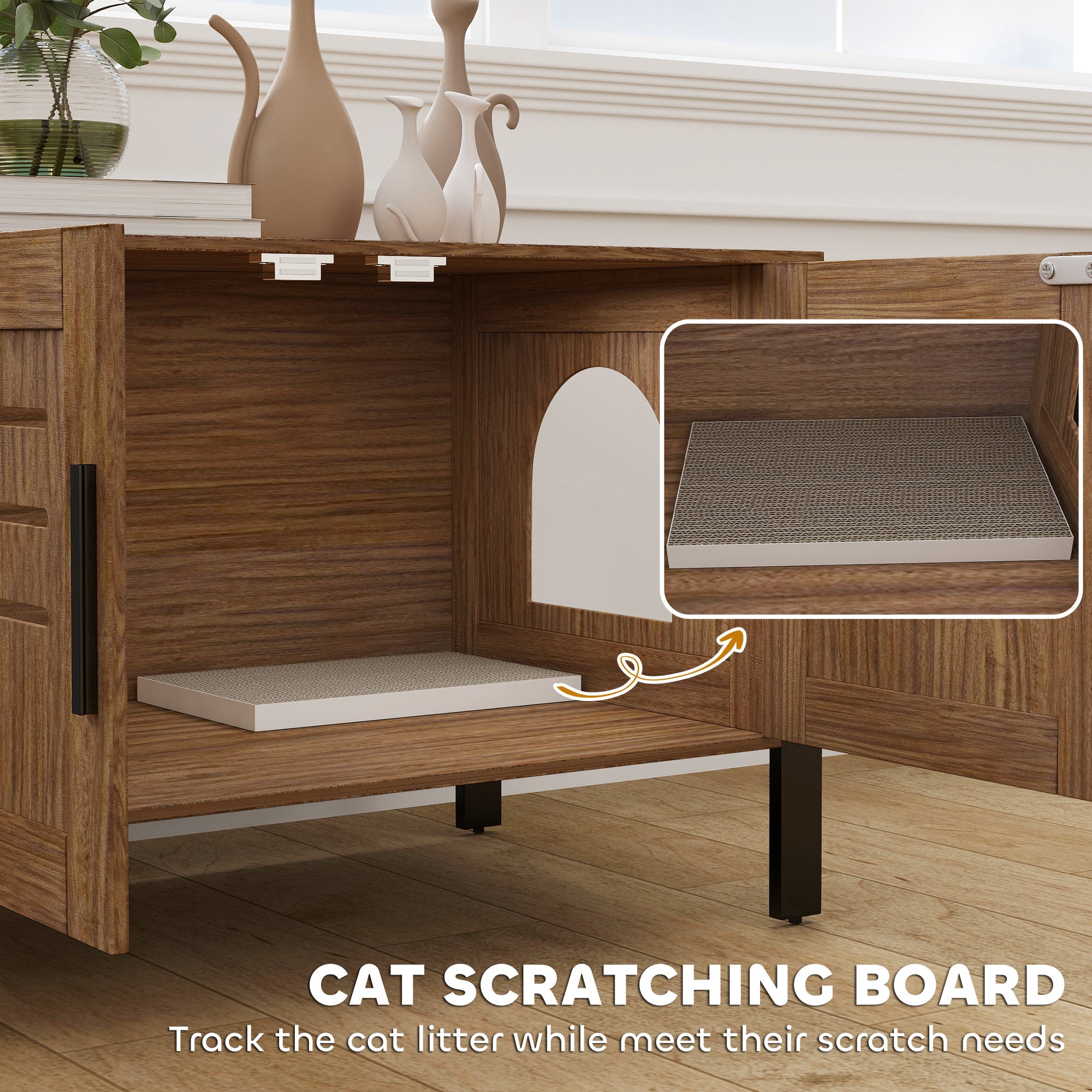 Cat Litter Box Enclosure With Tall Legs, Scratching Board, Dark Brown, 31.5L X 17.7W X 19.7H