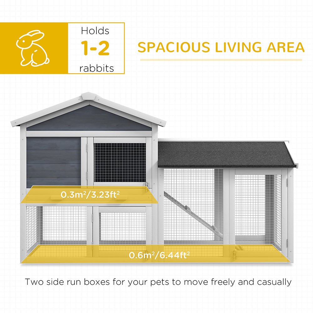 58inch Wooden Rabbit Hutch With Run, Removable Tray, Asphalt Roof, Lockable Doors And Ramp, Gray