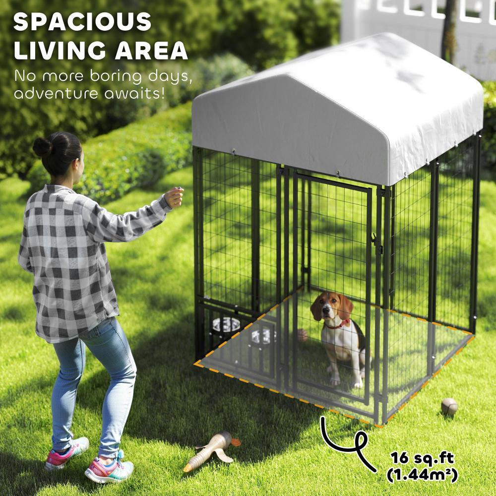 Welded Wire Outdoor Dog Kennel With 360 Rotating & 4 Levels Adjustable Bowls, Waterproof Cover, 3.9 X 3.9 X 6