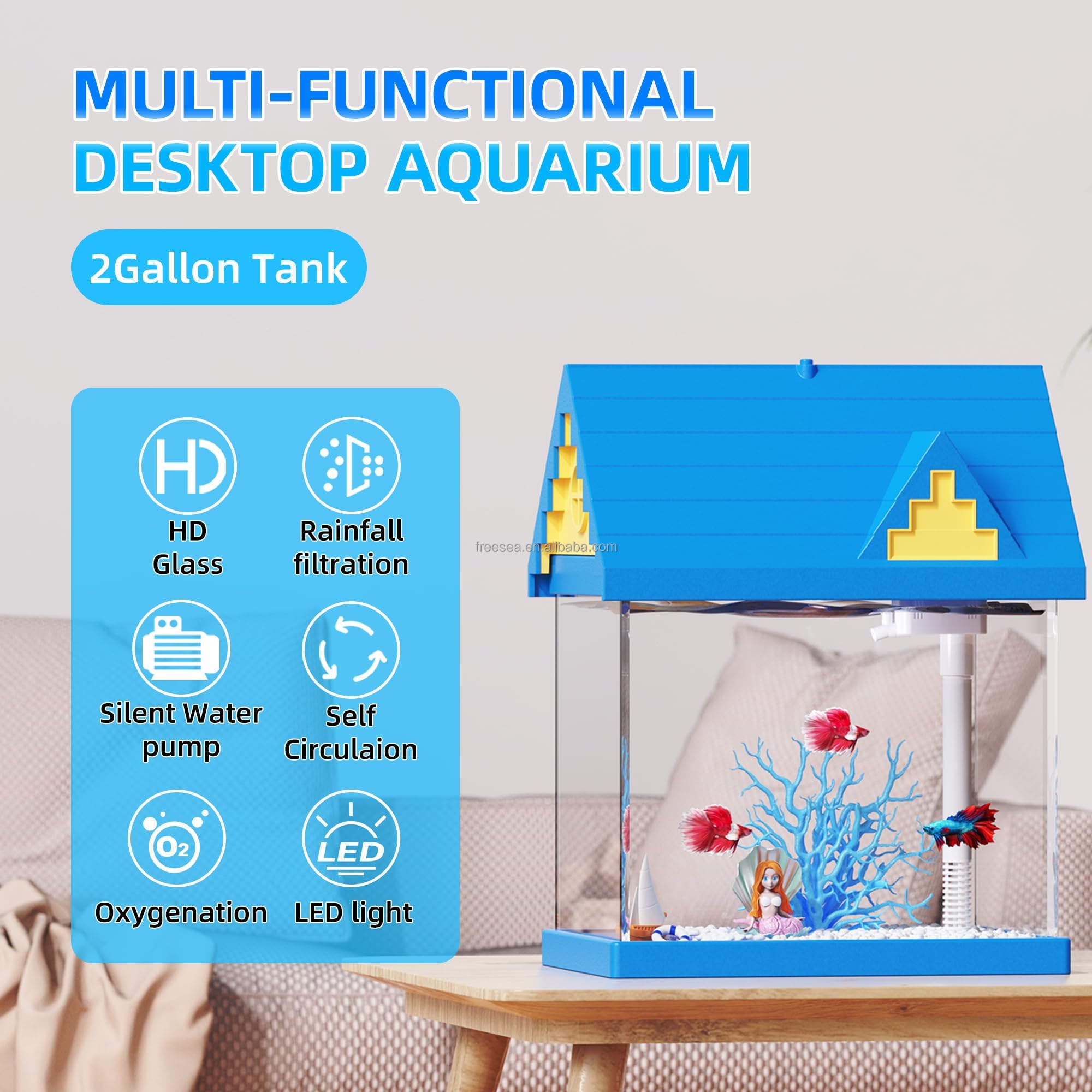 FREESEA 2-gallon Acrylic Fresh-keeping Fish Tank, Equipped With Filtration And Lighting, Suitable For Shrimp, Jellyfish, And Goldfish, Ideal For Children's Bedrooms.