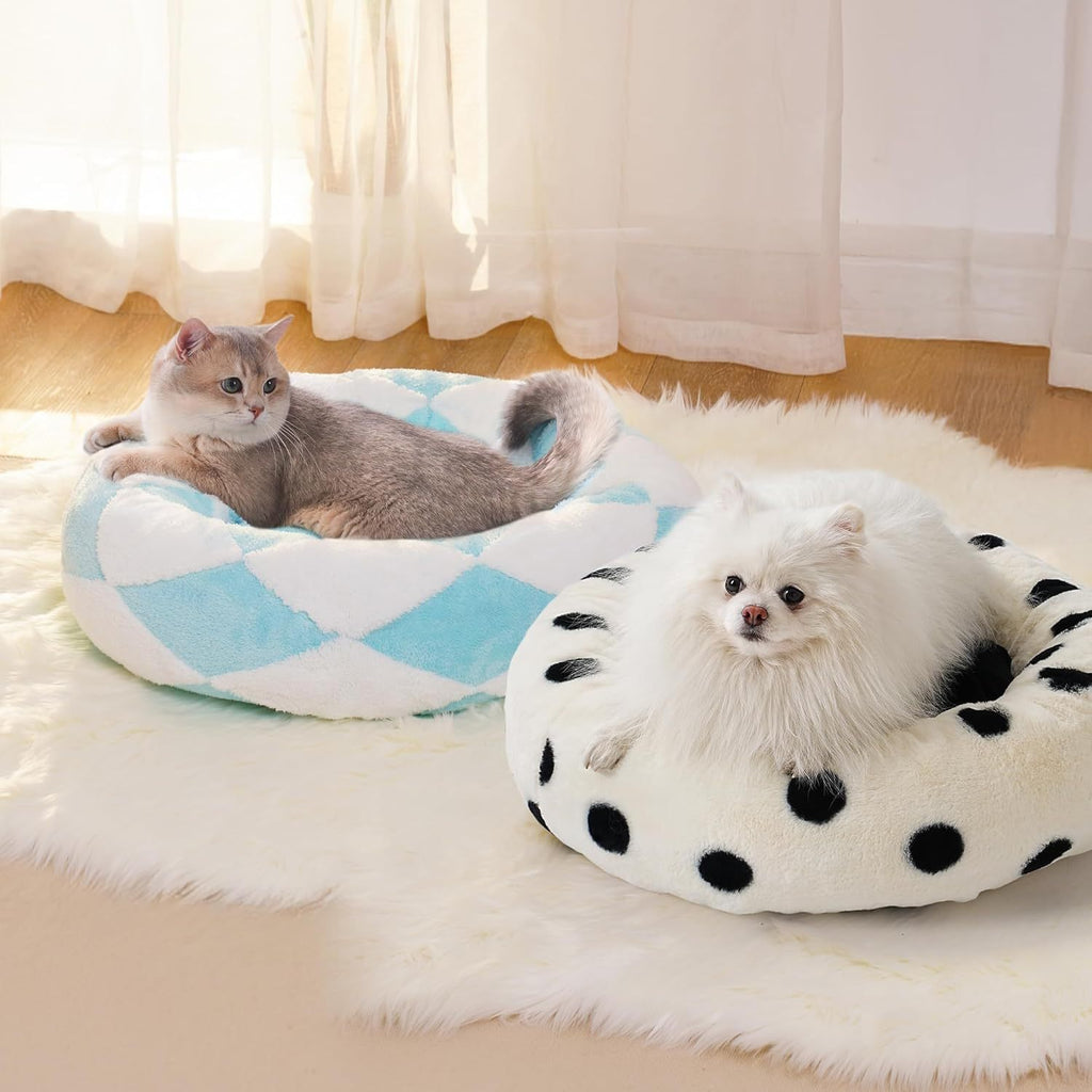 Donuts Cat Bed For Indoor Cats - Round Washable Plush Pet Bed With Jacquard Shaggy Fabric & Non-Slip Bottom, Calming Small Dog Bed For Puppy & Kitten, 23 Inch Blue Check