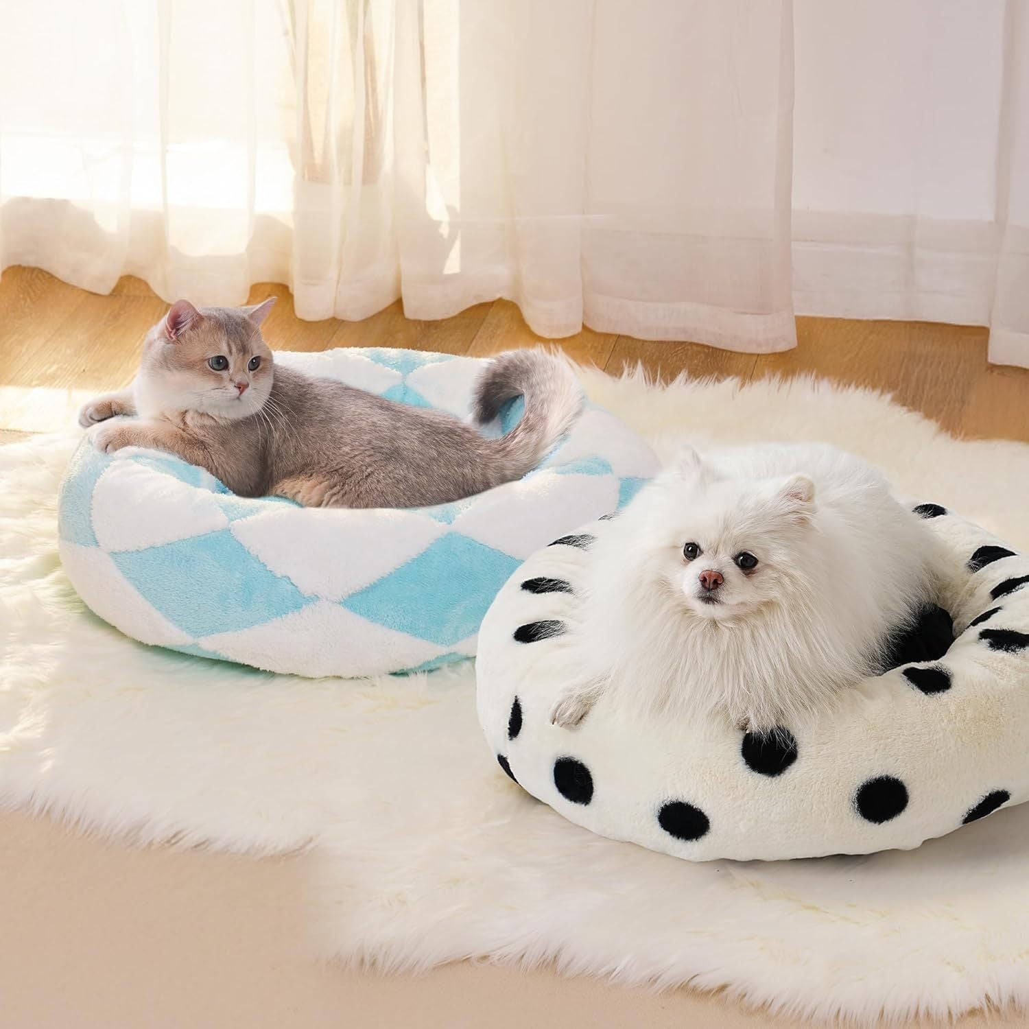 Donuts Cat Bed For Indoor Cats - Round Washable Plush Pet Bed With Jacquard Shaggy Fabric & Non-Slip Bottom, Calming Small Dog Bed For Puppy & Kitten, 23 Inch Blue Check