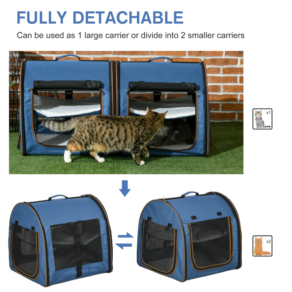 Portable Twin Compartment Show House Cat Cage 39  Soft-Sided Pet Kennel With Soft Cushions  Storage Bag Blue