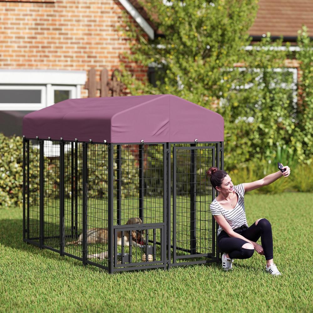 Welded Wire Outdoor Dog Kennel With 360 Rotating & 4 Levels Adjustable Bowls, Waterproof Cover, 7.9 X 4 X 6