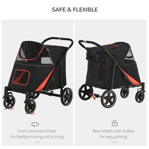 PawHut 1-Click Foldable Doggy Stroller For Medium Large Dogs, Pet Stroller With Storage, Smooth Ride With Shock Absorption, Mesh Window, Safety Leash, Big Dog Walking Stroller, Black