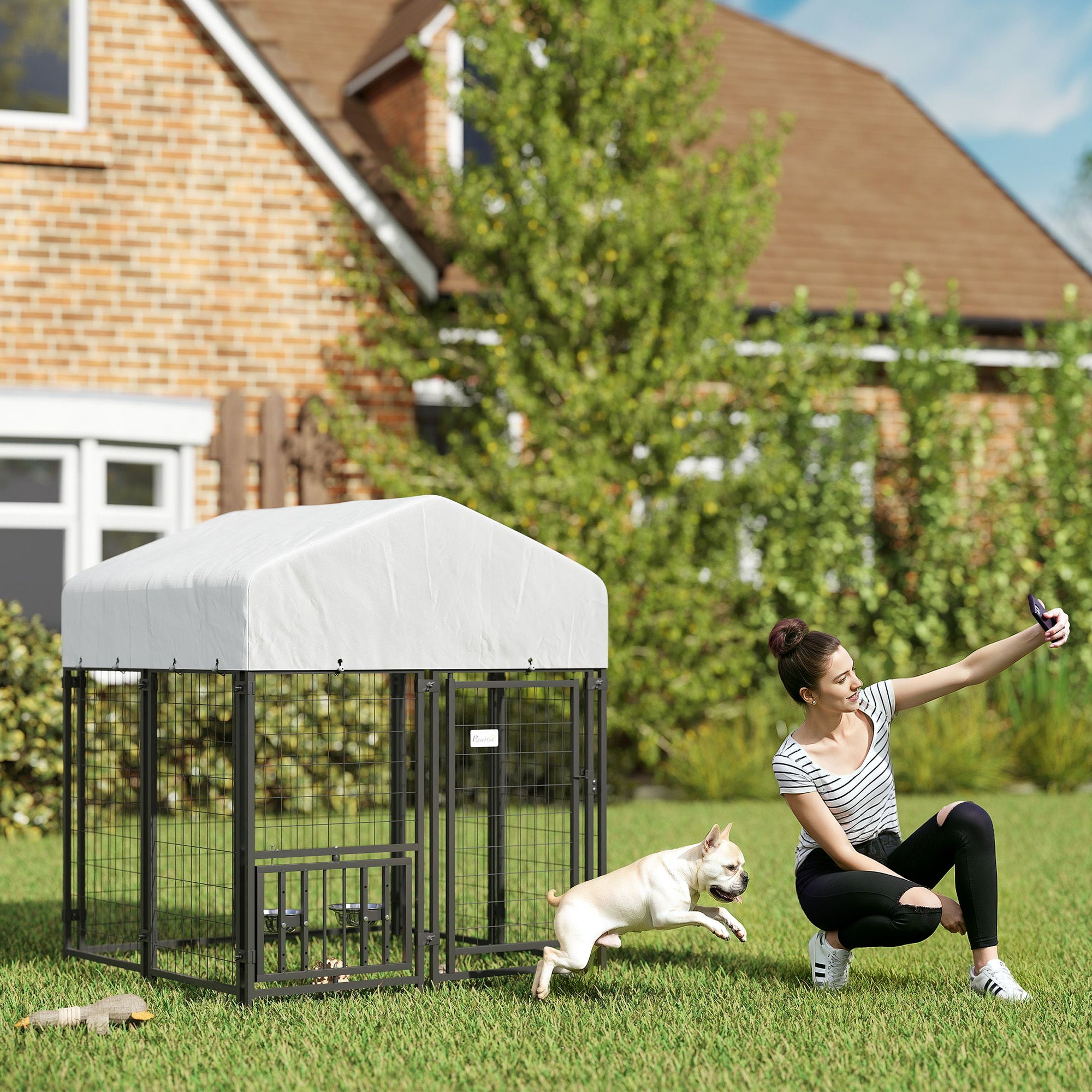 Welded Wire Outdoor Dog Kennel With 360 Rotating & 4 Levels Adjustable Bowls, Waterproof Cover, 3.9 X 3.9 X 4.5