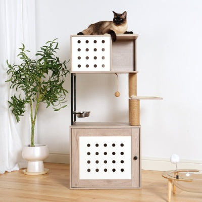 Cat Tree With Litter Box Enclosure, Allinone Cat Tower For Indoor Cats With Large Hammock, Bed, Food Station, Scratching Posts, Modern Style Pet Furniture, Gray White