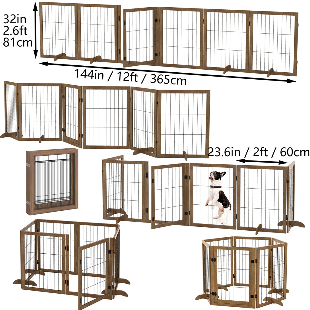 Dog Gate With Door Pet Dog Fence Barrier 6 Panels 144-inch Wide 32-inch Tall Foldable Multiple Shapes