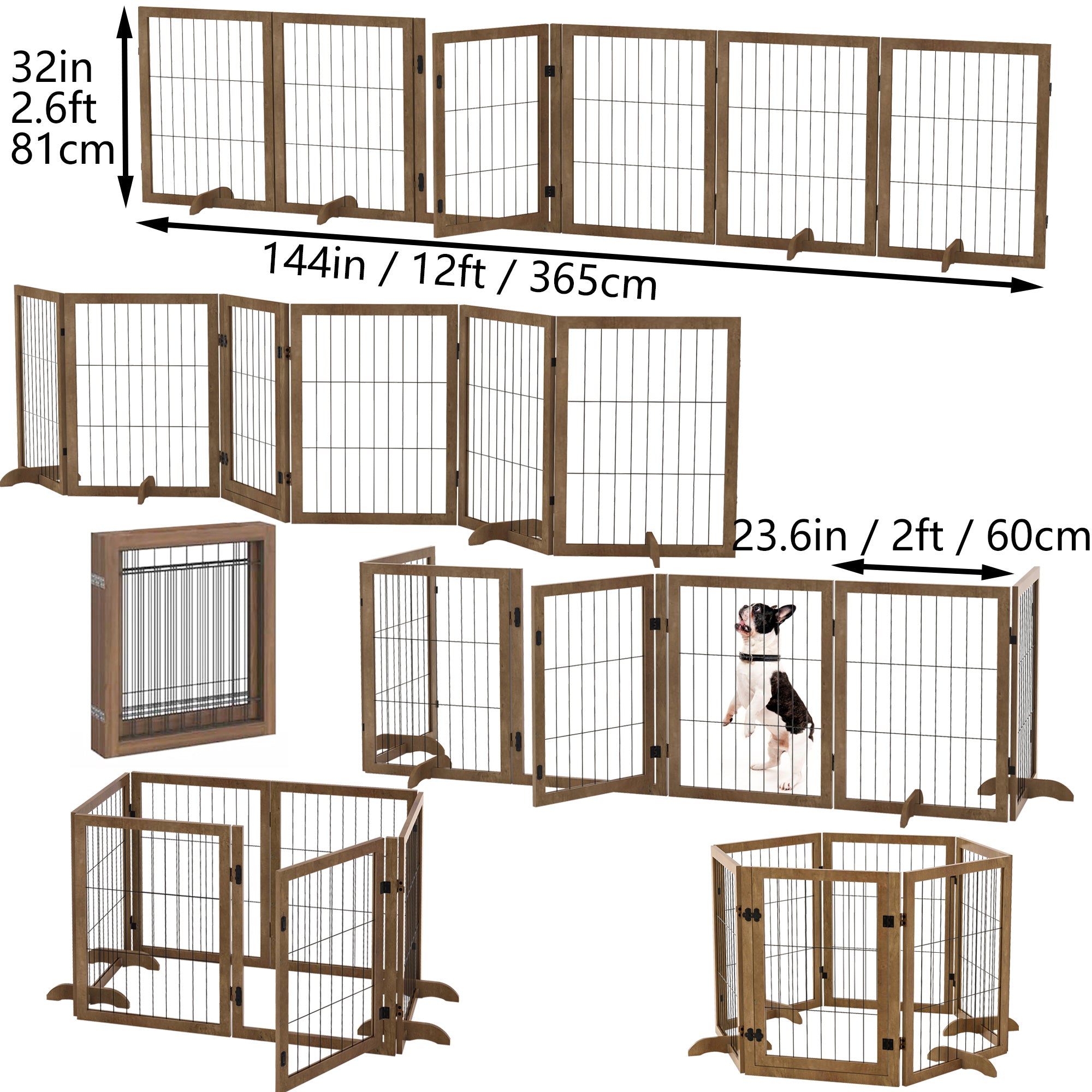 Dog Gate With Door Pet Dog Fence Barrier 6 Panels 144-inch Wide 32-inch Tall Foldable Multiple Shapes