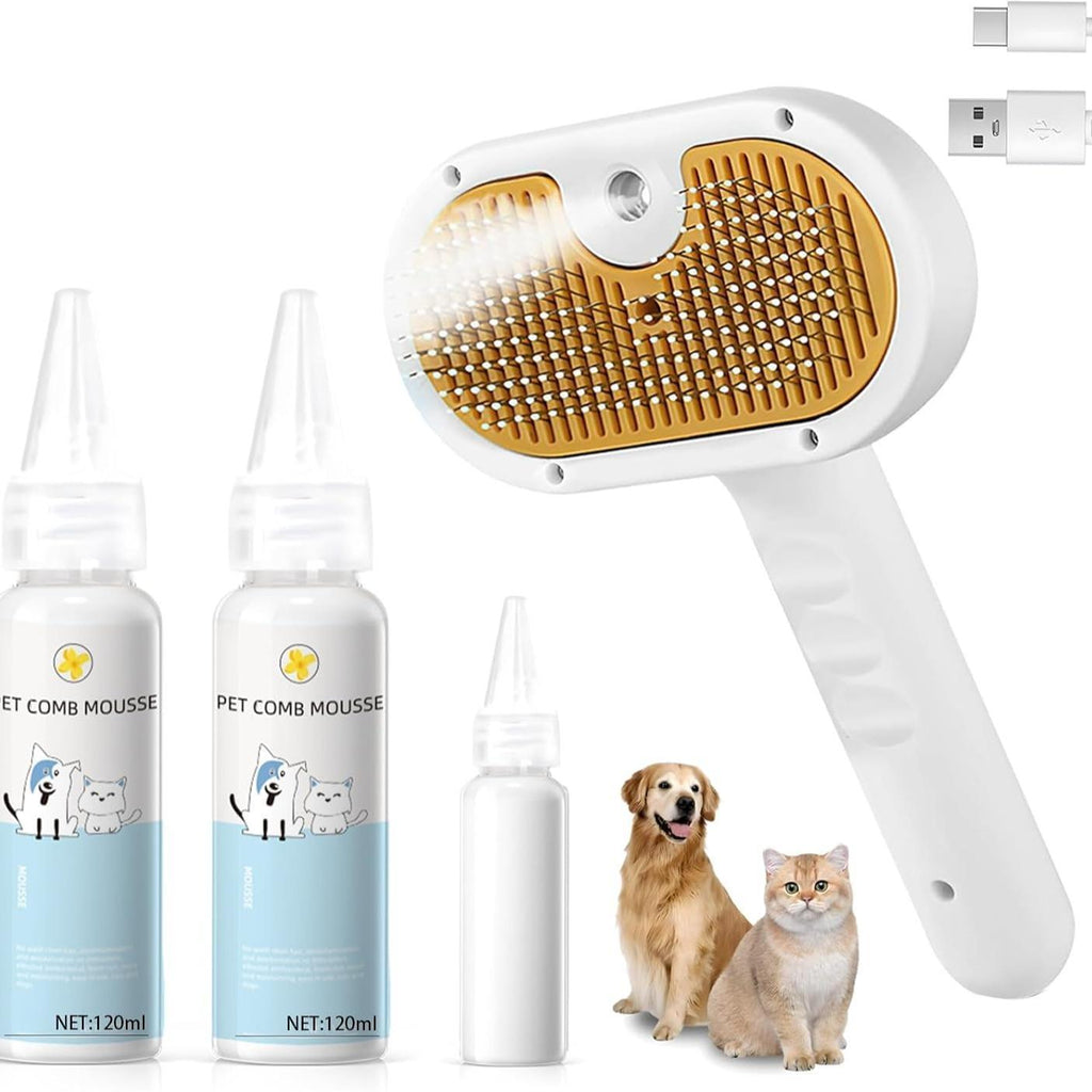 Universal Pet Steam Brush For Cats And Dogs 3-in-1 Spray Hair Removal Comb With Water less Shampoo and Ear Towel