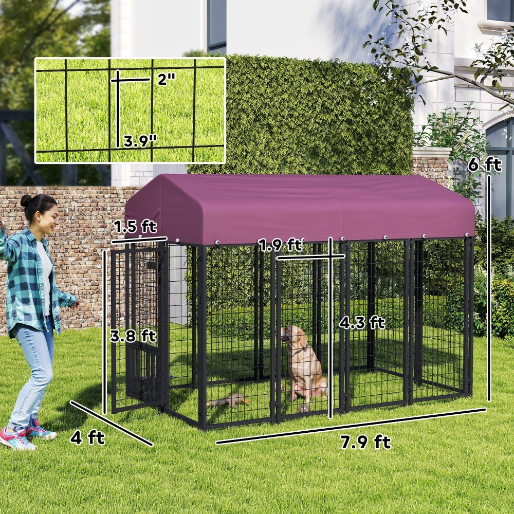 Welded Wire Outdoor Dog Kennel With 360 Rotating & 4 Levels Adjustable Bowls, Waterproof Cover, 7.9 X 4 X 6