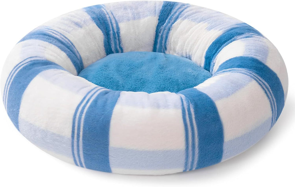 Plush Round Cat Bed For Indoor Cats - Calming Washable Pet Bed With Non-Slip Bottom, Soft Fluffy Dog Bed For Puppy & Kitten, 23 Inch Blue Striped