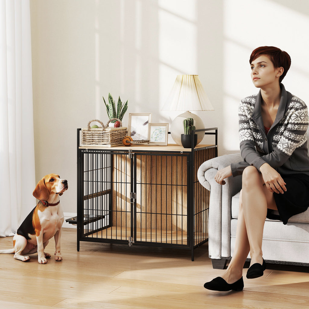 30 Inch Dog Crate Furniture, Indoor Pet Kennel Side Table With Rotatable Bowls, 2 Anti-Escape Doors, For M Dogs, Oak