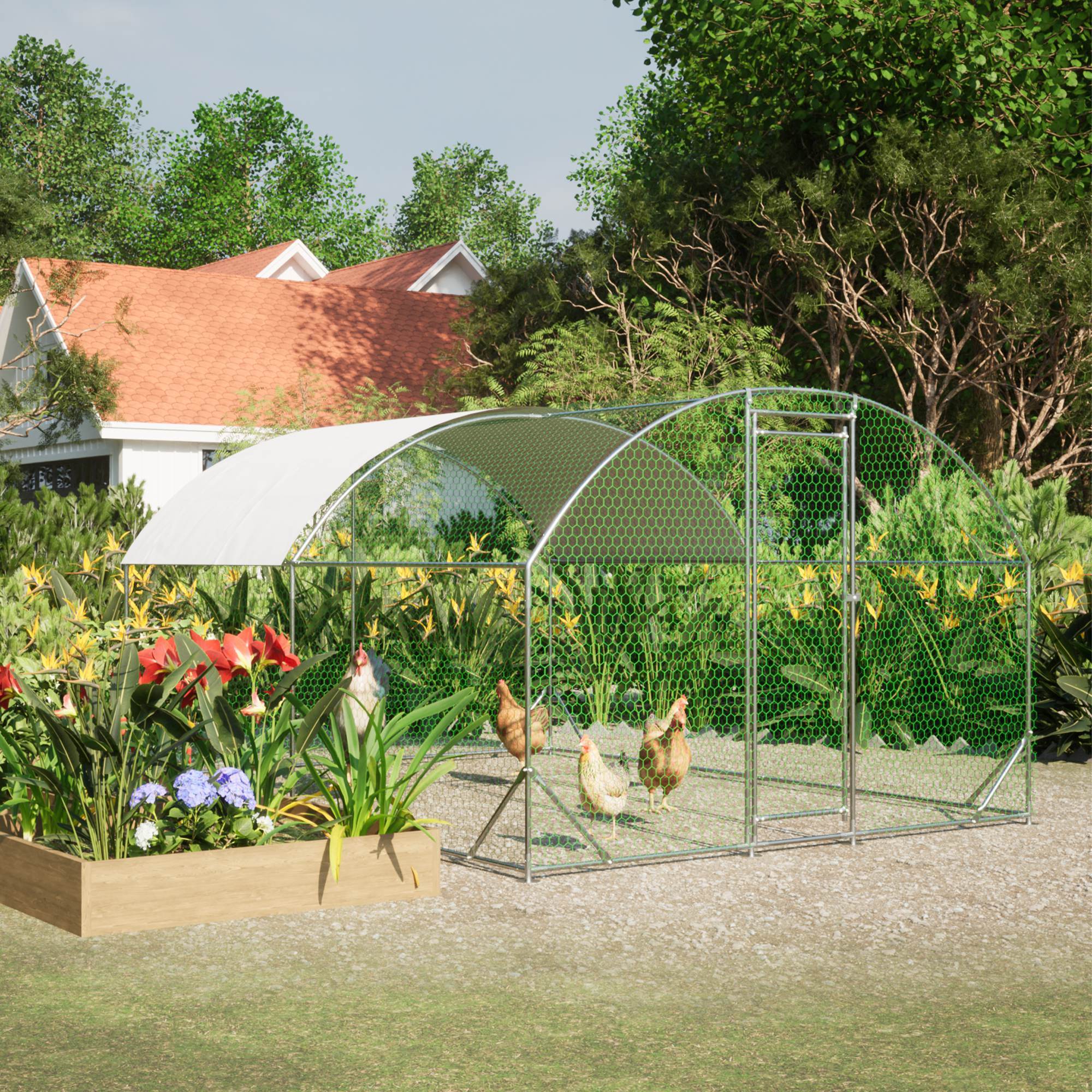 Large Chicken Coop Metal Chicken Run With Waterproof And Anti-UV Cover, Dome Shaped Walk-in Fence Cage Hen House For Outdoor And Yard Farm Use,9.84 X 13.12 X 6.56 Ft