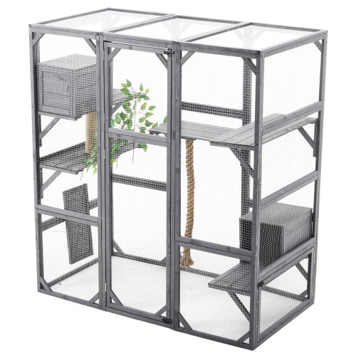 Outdoor Cat House  DIY Cat Enclosure, Cat Catio With Double Enter Doors  62.8 L X 32.2 W X68.5 H Balcony Cat Playpen With Platforms And Two Condos For 1-3 Cats  Light Grey