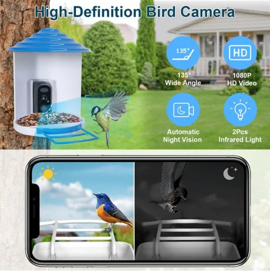 Smart Bird Feeder With Solar Powered Camera 1080P HD AI Identify PIR Motion Auto Capture Video Cloud Card Storage WiFi Connection App Control IP65 Waterproof