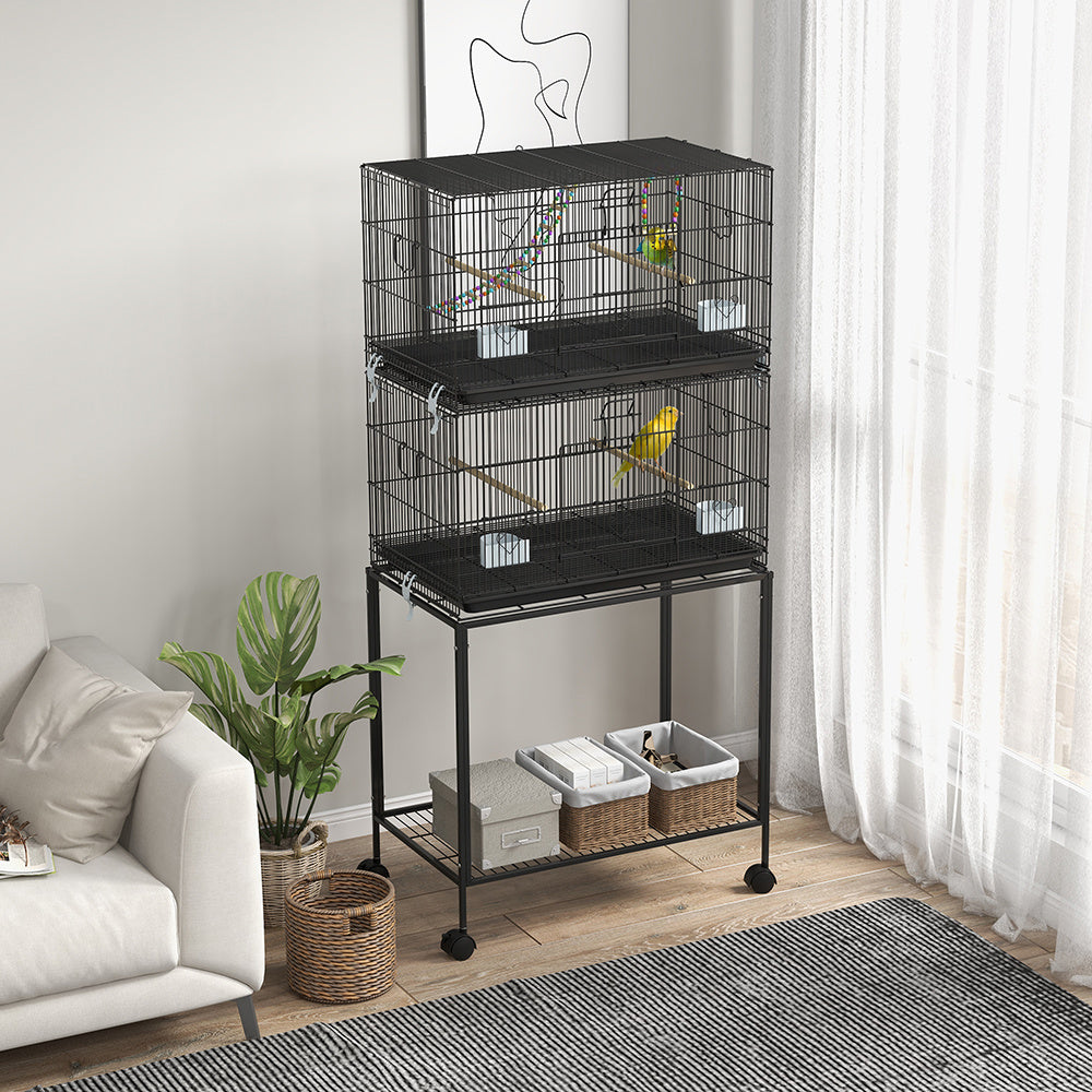 Double Stackable Bird Cage On Wheels With Stand, For Canaries