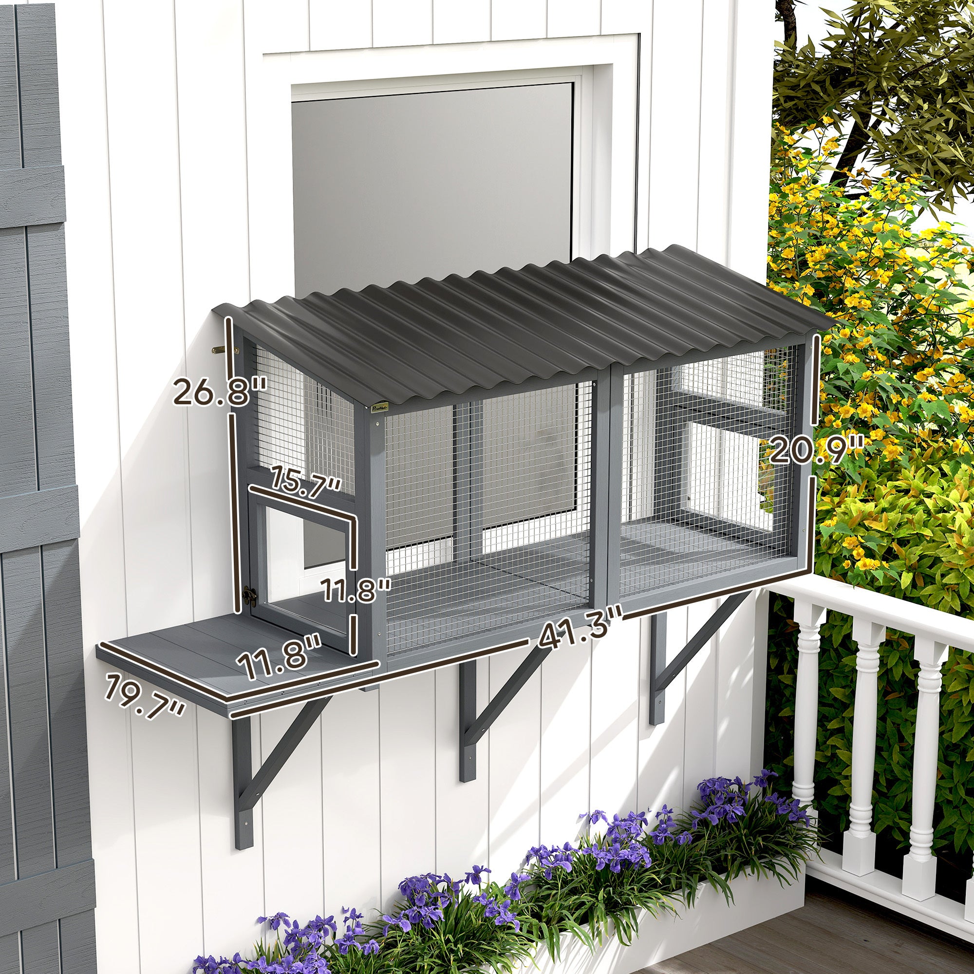 Wooden Cat Catio, Outdoor Cat Enclosure Window Perch With Jumping Platform, For Safely Enjoying Outdoor Sights, Gray