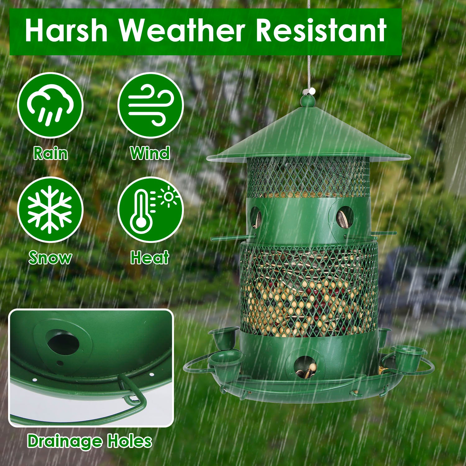 1Pc Wild Bird Feeder Squirrel-Proof Chew-Proof Metal Bird Seed Feeder Outdoor Hanging Bird Feeder With 360 Degree Circular Perches Water Cups For Yard Garden Patio