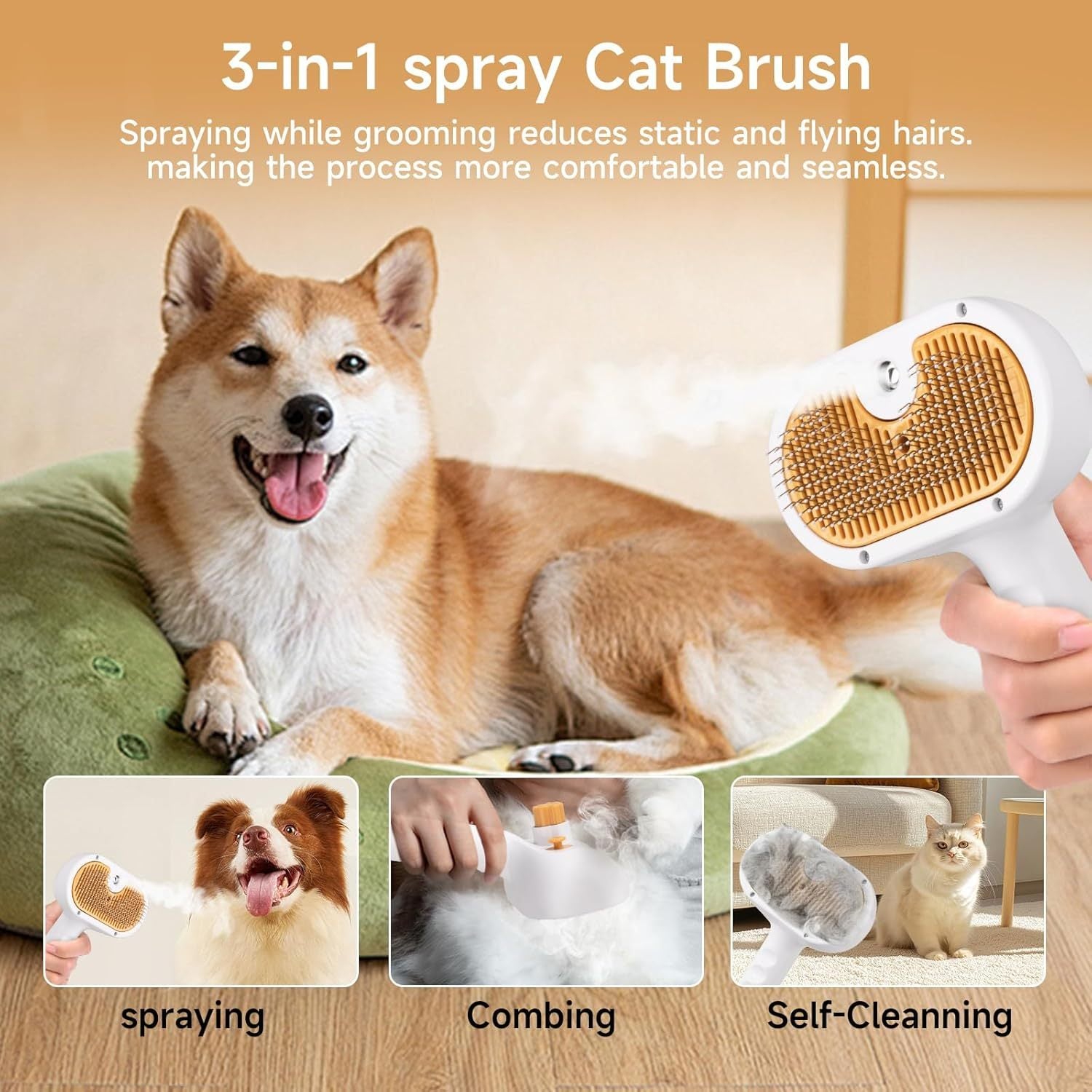 Universal Pet Steam Brush For Cats And Dogs 3-in-1 Spray Hair Removal Comb With Water less Shampoo and Ear Towel