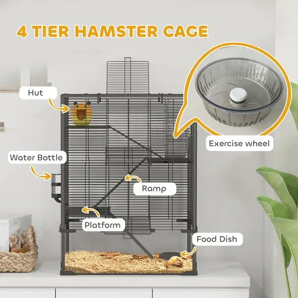 4 Tier Hamster Cage With Deep Tempered Glass Bottom, Running Wheel, Hut, Water Bottle, Food Dish