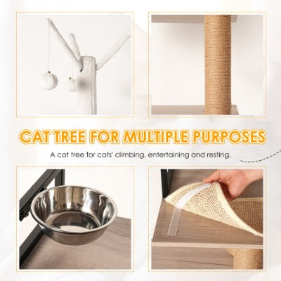 Cat Tree With Litter Box Enclosure - Modern Cat Condo With Scratching Posts, Feeding Bowl  Removable Pompom Sticks, Gray
