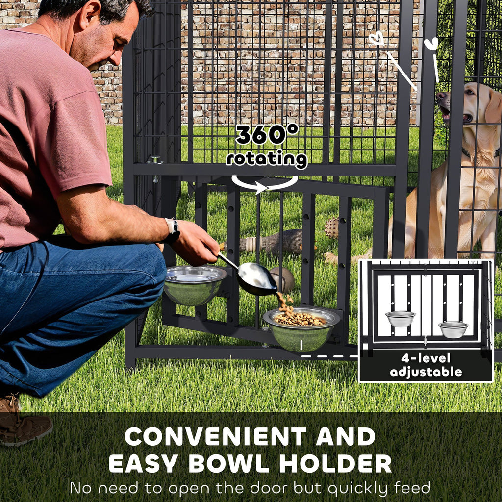Welded Wire Outdoor Dog Kennel With 360 Rotating & 4 Levels Adjustable Bowls, Waterproof Cover, 7.9 X 4 X 6