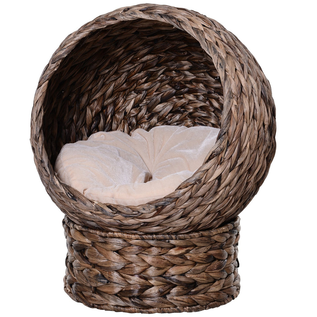 Handmade Wicker Elevated Cat Bed With Cushion Dark Brown For Kittens