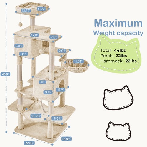 66" Large Cat Tree Tower with Multiple Platforms Condo Hammock