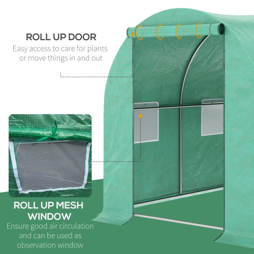 Outsunny 15x 7x 6.5 Walk-in Tunnel Hoop Greenhouse, Green House With Polyethylene PE Cover, Steel Frame, Roll-Up Zipper Door & Windows For Flowers, Vegetables, Tropical Plants, Green