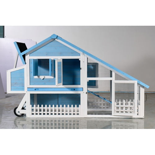 76 Wooden Rabbit Hutch Bunny Cage With Waterproof Asphalt Roof, Fun Outdoor Run, Removable Tray And Ramp, Light Blue