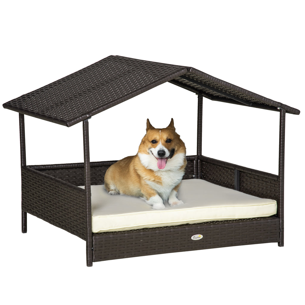 Wicker Dog Bed Outdoor Elevated With Rattan Canopy Cushioned PE Rattan Dog Cat House Sleeping Pad Cream