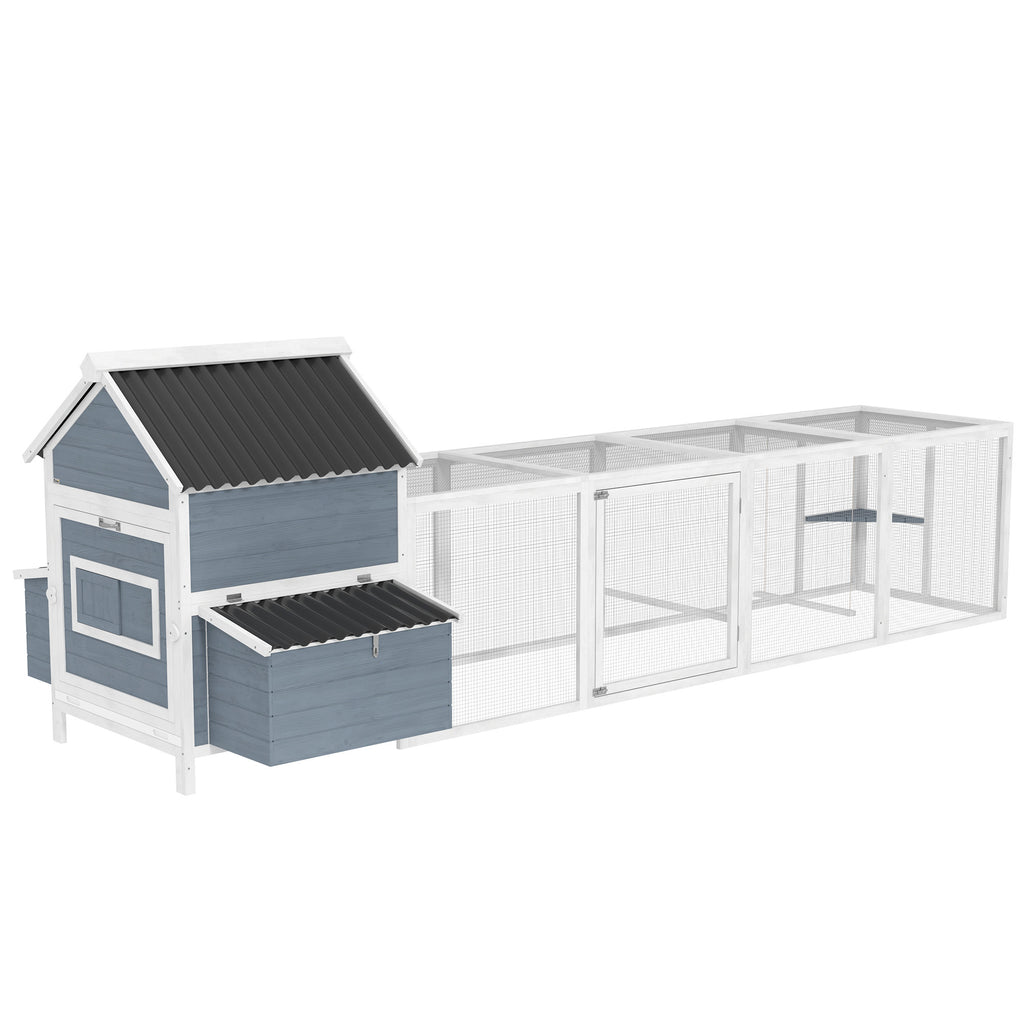 156 Extra Large Wooden Chicken Coop With 2 Nesting Box, Run Cage, Waterproof Wave Roof, For 10-15 Chickens, Light Gray