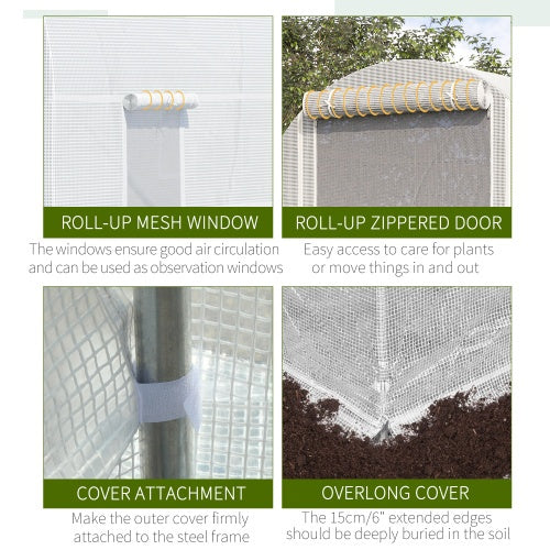 Outsunny 15 X 7 X 7 Walk-In Tunnel Greenhouse, Large Garden Hot House Kit With 6 Roll-up Windows & Roll Up Door, Steel Frame, White