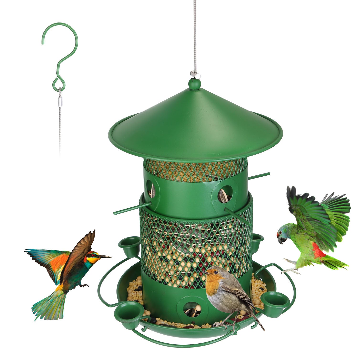 1Pc Wild Bird Feeder Squirrel-Proof Chew-Proof Metal Bird Seed Feeder Outdoor Hanging Bird Feeder With 360 Degree Circular Perches Water Cups For Yard Garden Patio