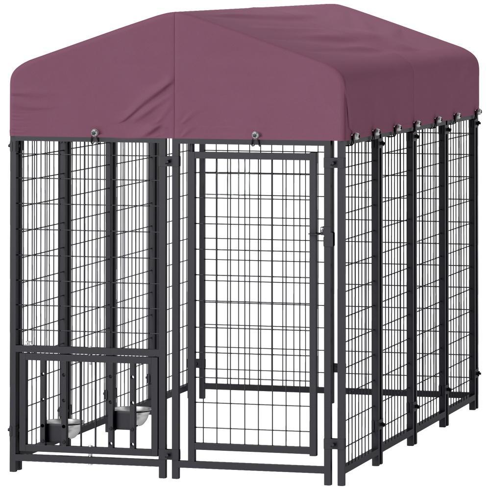 Welded Wire Outdoor Dog Kennel With 360 Rotating & 4 Levels Adjustable Bowls, Waterproof Cover, 7.9 X 4 X 6