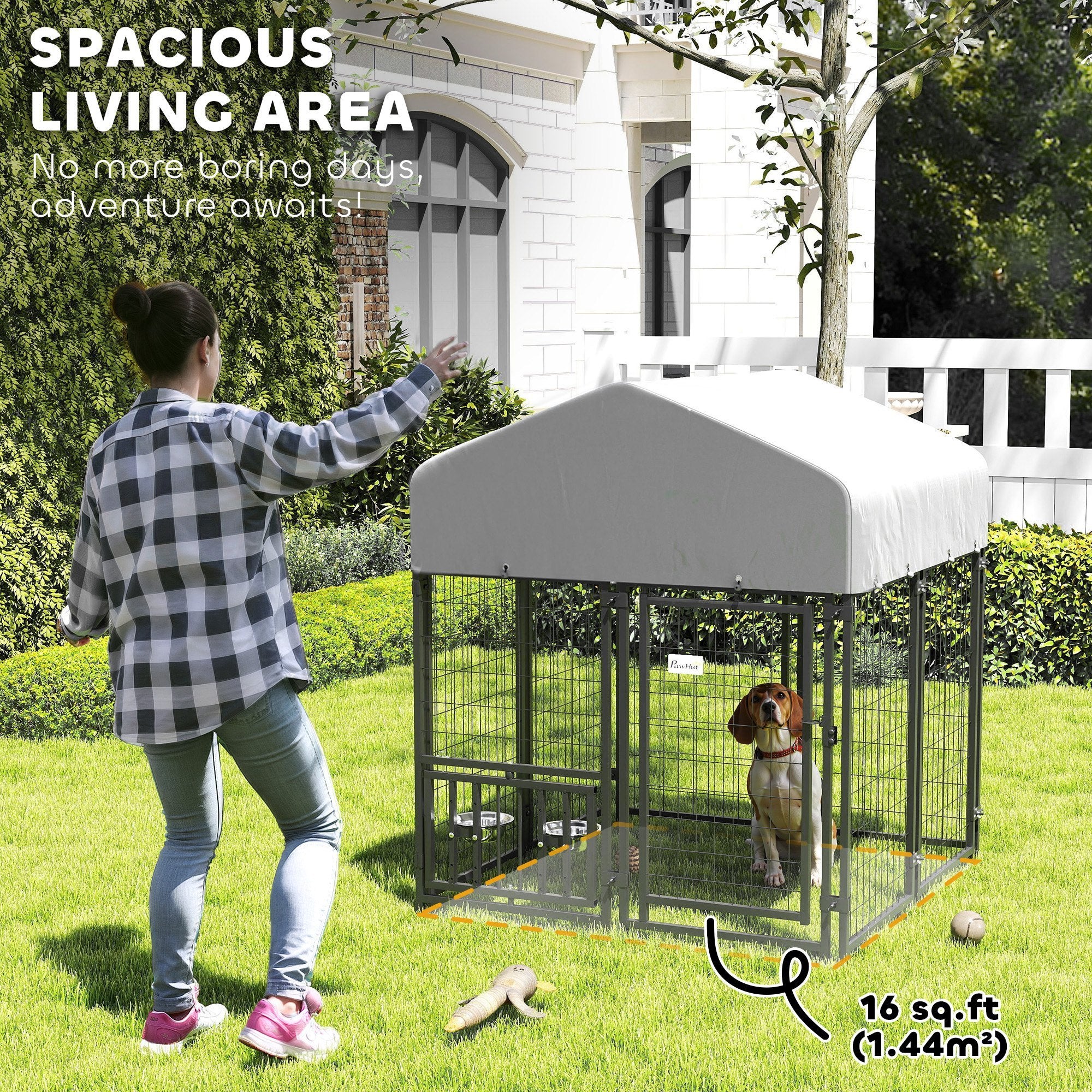 Welded Wire Outdoor Dog Kennel With 360 Rotating & 4 Levels Adjustable Bowls, Waterproof Cover, 3.9 X 3.9 X 4.5