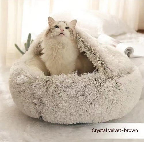 2 In 1 Semi-closed Pet Winter Round Plush Warm Bed Soft Long Plush Pet House