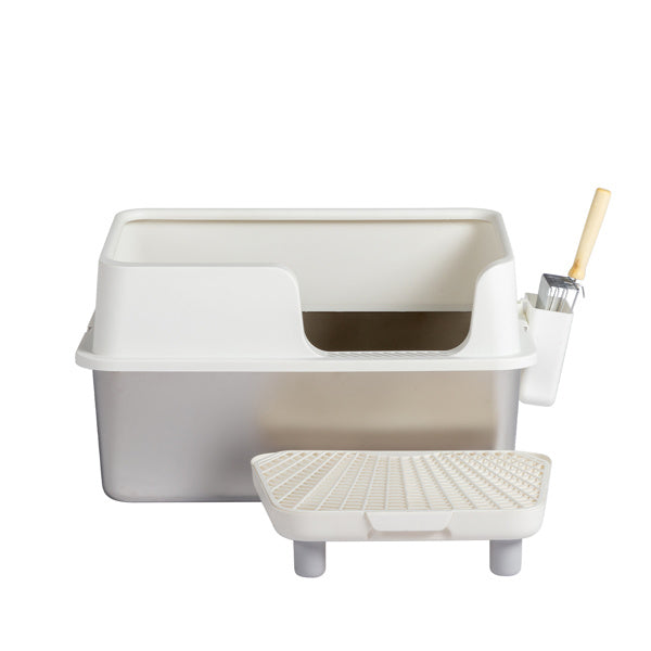 Stainless Steel With Plastic, Buckle Style With Shovel, Foot Pad, White Litter Box