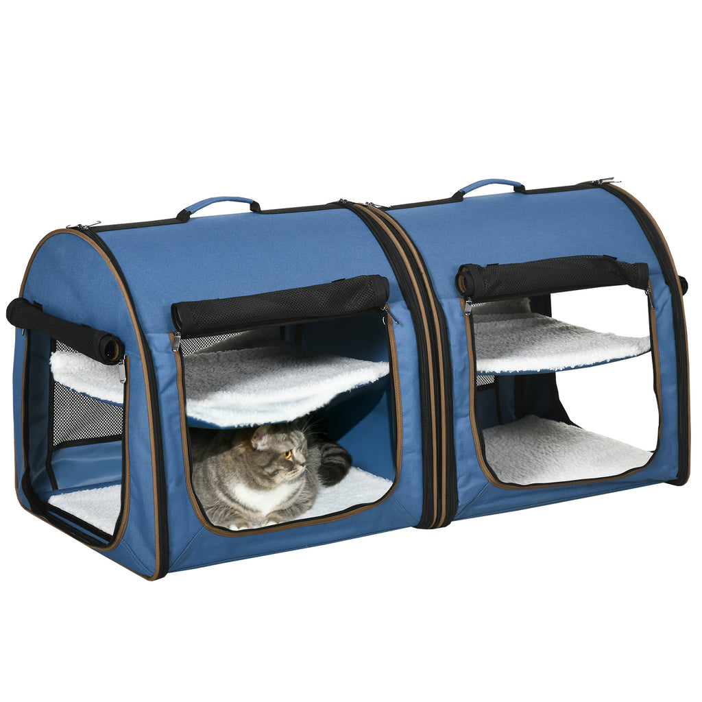 Portable Twin Compartment Show House Cat Cage 39  Soft-Sided Pet Kennel With Soft Cushions  Storage Bag Blue
