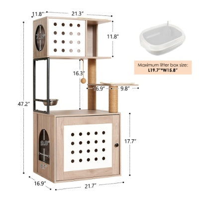 Cat Tree With Litter Box Enclosure, Allinone Cat Tower For Indoor Cats With Large Hammock, Bed, Food Station, Scratching Posts, Modern Style Pet Furniture, Gray White